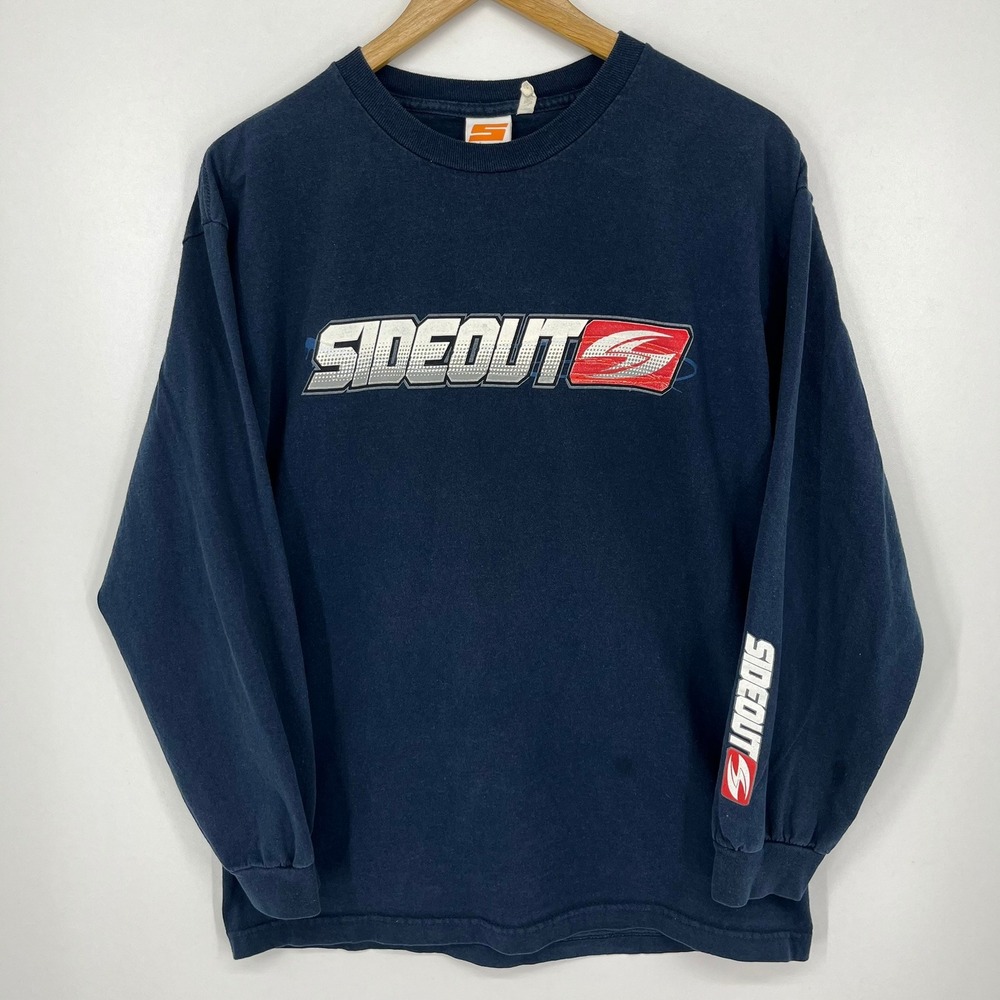 Sideout Mens Vintage Long Sleeve Graphic T-Shirt Navy Blue Cotton Logo Tee